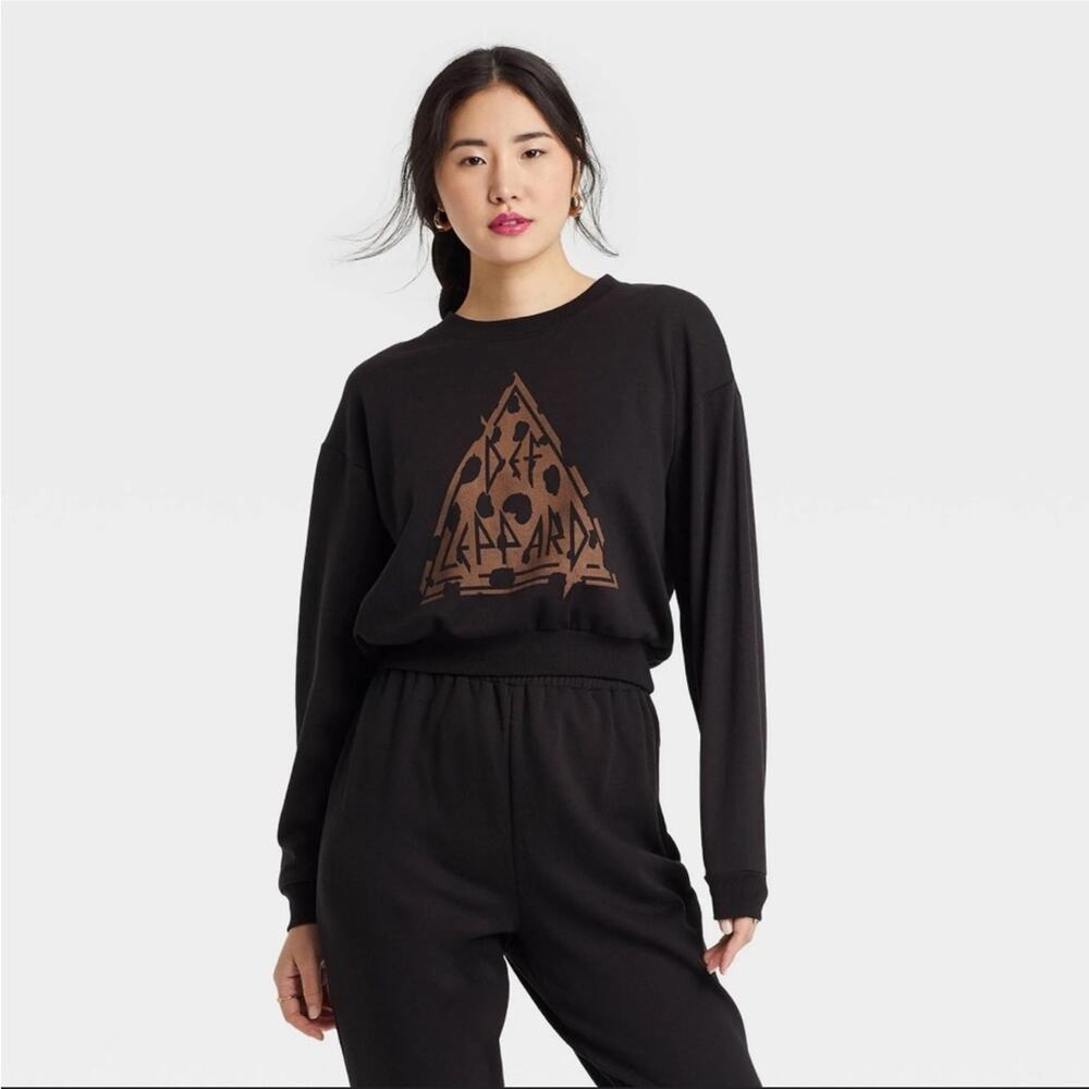 Def Leppard Black Long Sleeve Graphic Print Cropped Band Shirt Top Size M